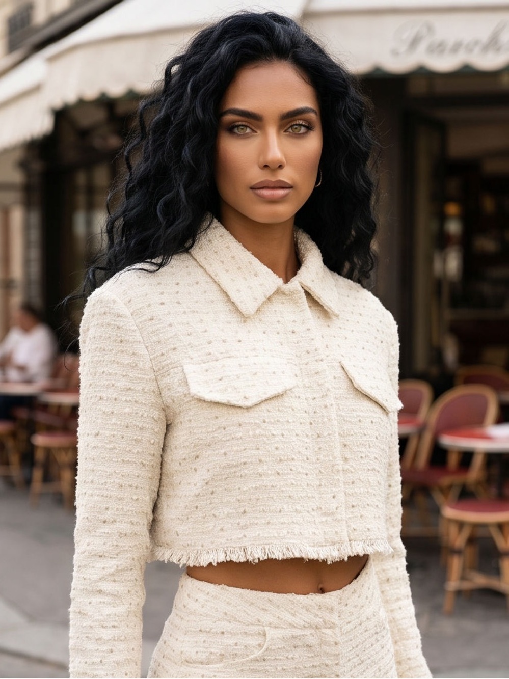 Cropped Bouclé tweed Shirt Jacket in Cream & shorts SET size small